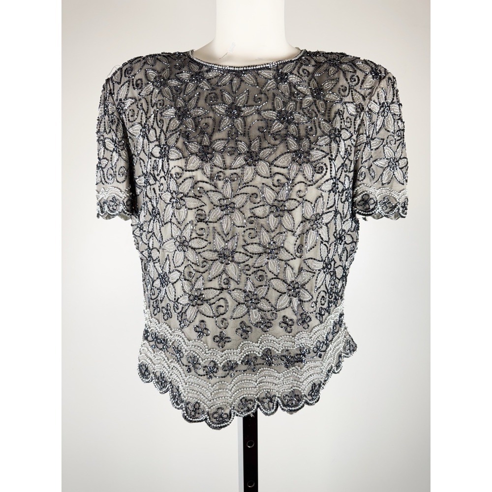 Vtg PAPELL BOUTIQUE Evening Women's Sz L Gray Silver Beaded Formal Top